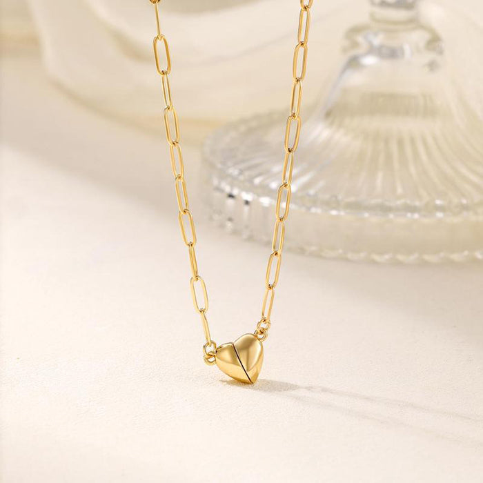 Magnetic Heart Matching Necklace For Couples, 18K Gold Rose Gold Plated Stainless Steel Paperclip Chain, Relationship Friendship Gift