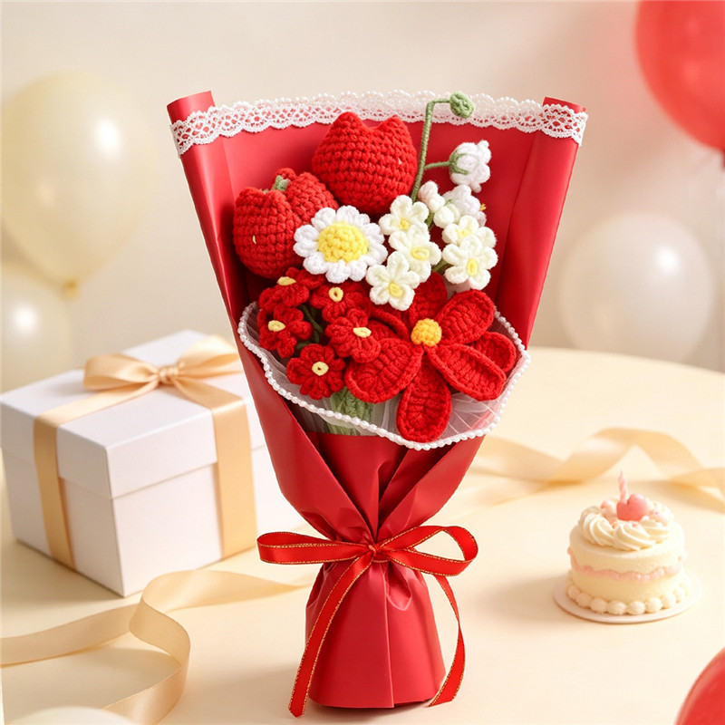 Handmade Crocheted Flower Bouquet, Red And White Tulips & Red Flowers Matched With Daisies And Tiny Blossoms, Soft Yarn Everlasting Knitted Bouquet, Indoor Home Decorative Ornament