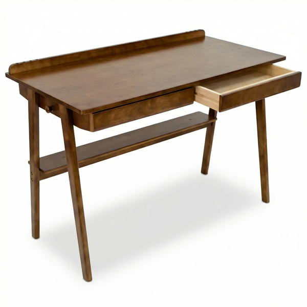 Solid Wood Writing Desk, Home Office Desk For Small Spaces, Mid Century Modern Desks With 2 Drawers & Storage Shelf, Standing Desk With Side Hooks For Study, Bedroom, Office  Walnut