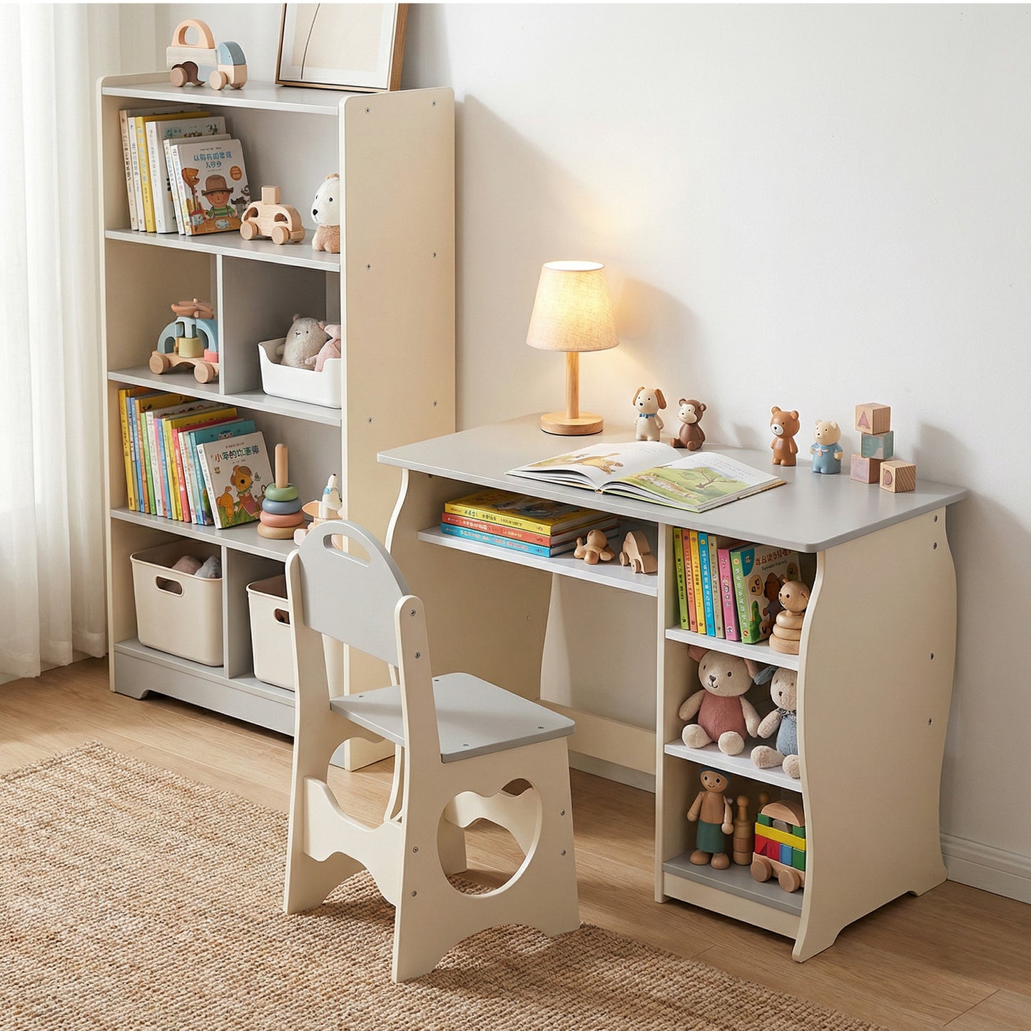 Kids Desk And Chair Set Multifunctional White And Grey Toddler Student Writing Table Set For Home School
