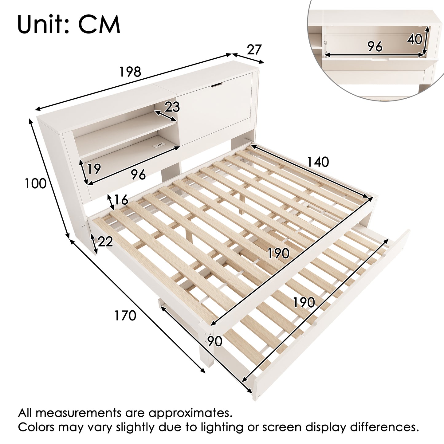 Sofa Bed Double Bed 140x190 Cm With Pull-out Bed 90x190, White Bed Frame With Storage Back Panel, Open Compartment, Concealed Folding Storage Space, USB-USB-C Charging Station, Slatted Base, Without M