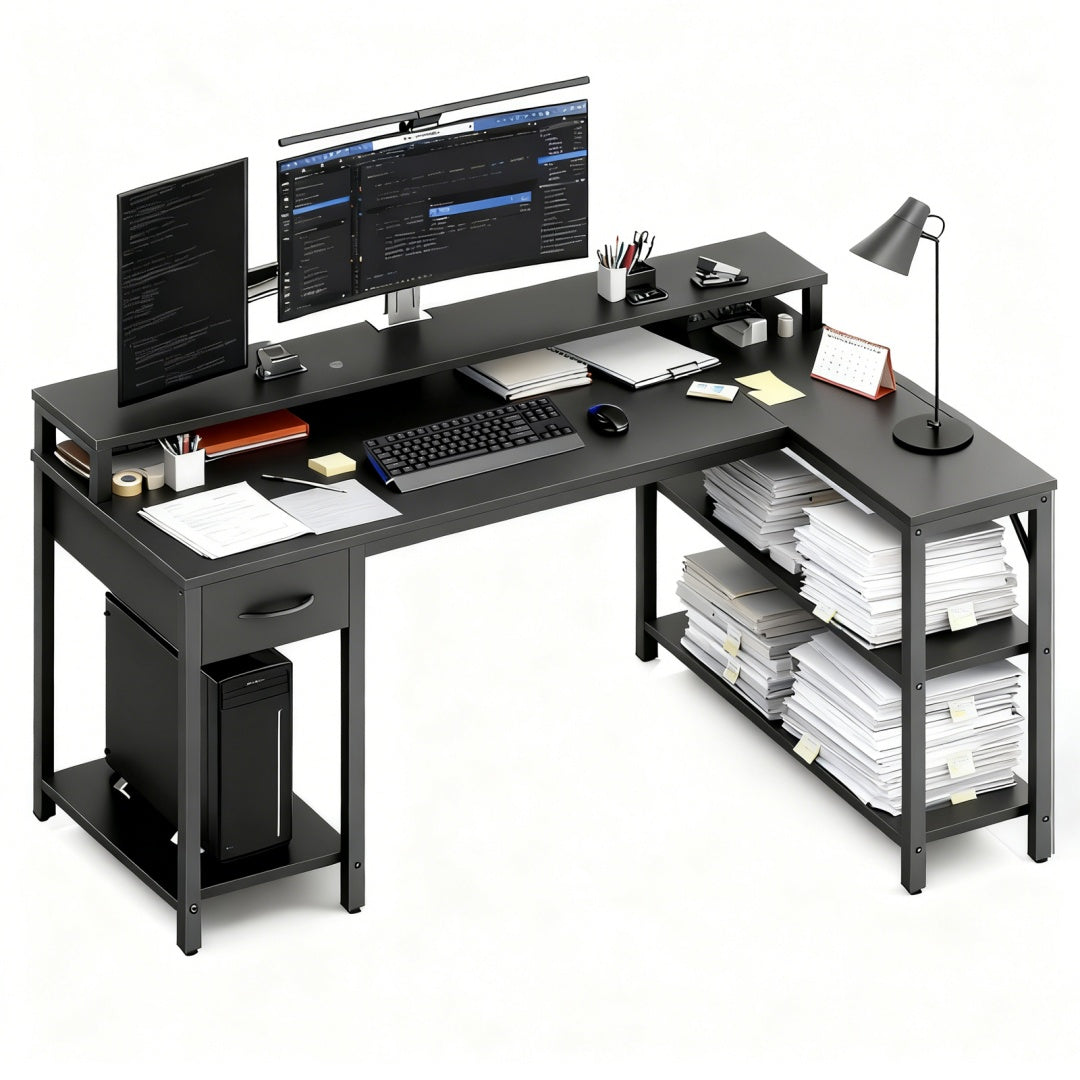 53-inch Gaming Table With USB Charging Port And LED Light, Reversible L-shaped Table With Power Socket And Monitor Stand