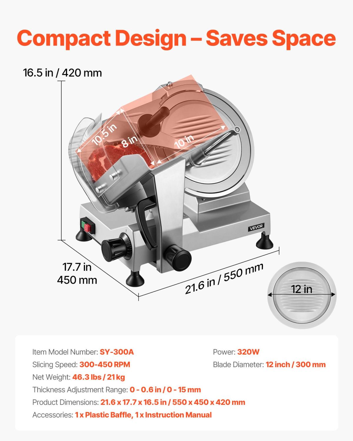 Commercial Meat Slicer, 320W Electric Deli Food Slicer With 12" Carbon Steel Blade, Built-In Sharpener & 0-0.6" Adjustable Thickness For Frozen Meat, Ham, Baguett, Steak, UL Approved