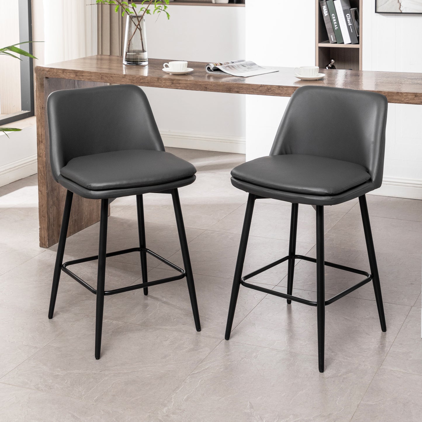 Counter Height Swivel Bar Stools Set Of 2, 360 Swivel Upholstered Barstools With Back And Metal Legs, 25.6 Seat Height,Counter Stools For Kitchen Island And Pub,Faux Leather,Grey