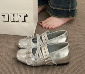 Women Silver Korean Style Hidden Wedge Mary Jane Shoes, 2026 New Spring Ballet Style JK Casual Flat Shoes
