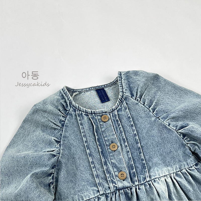 Korean-style Washed Vintage Denim Dress For Girls