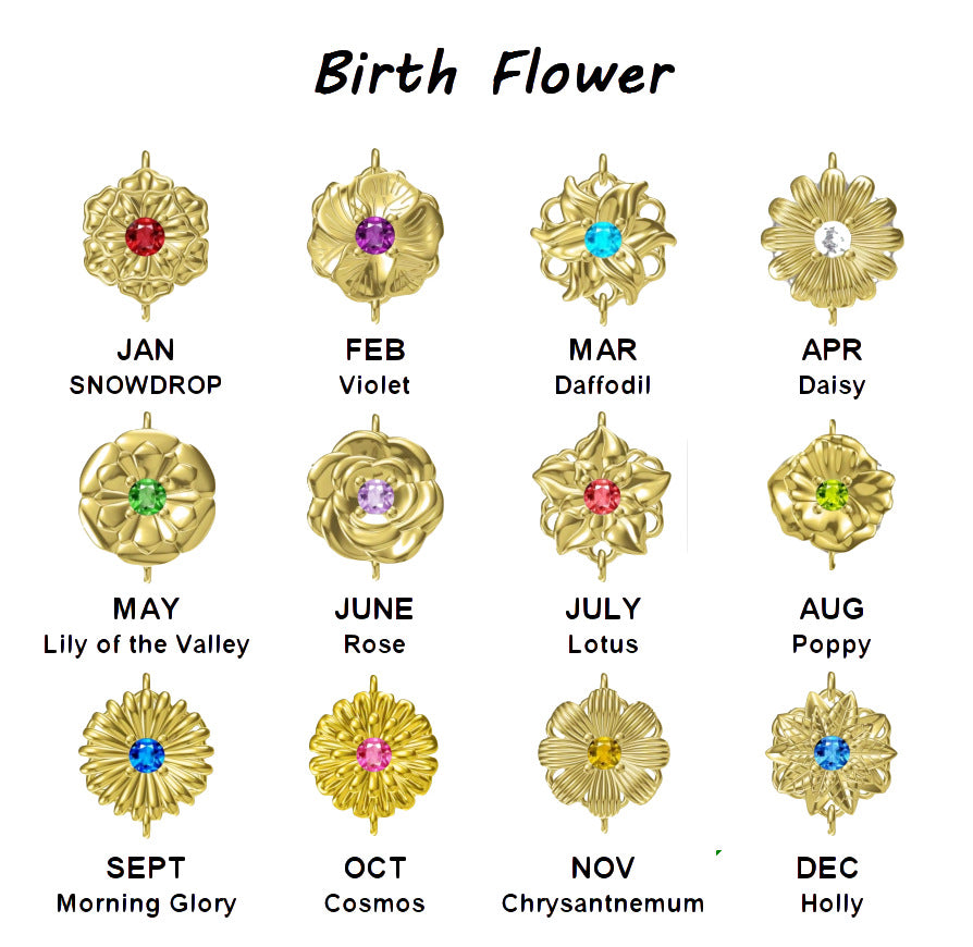 New 12 Birthday Flower Birthstone Name Rotating Necklace