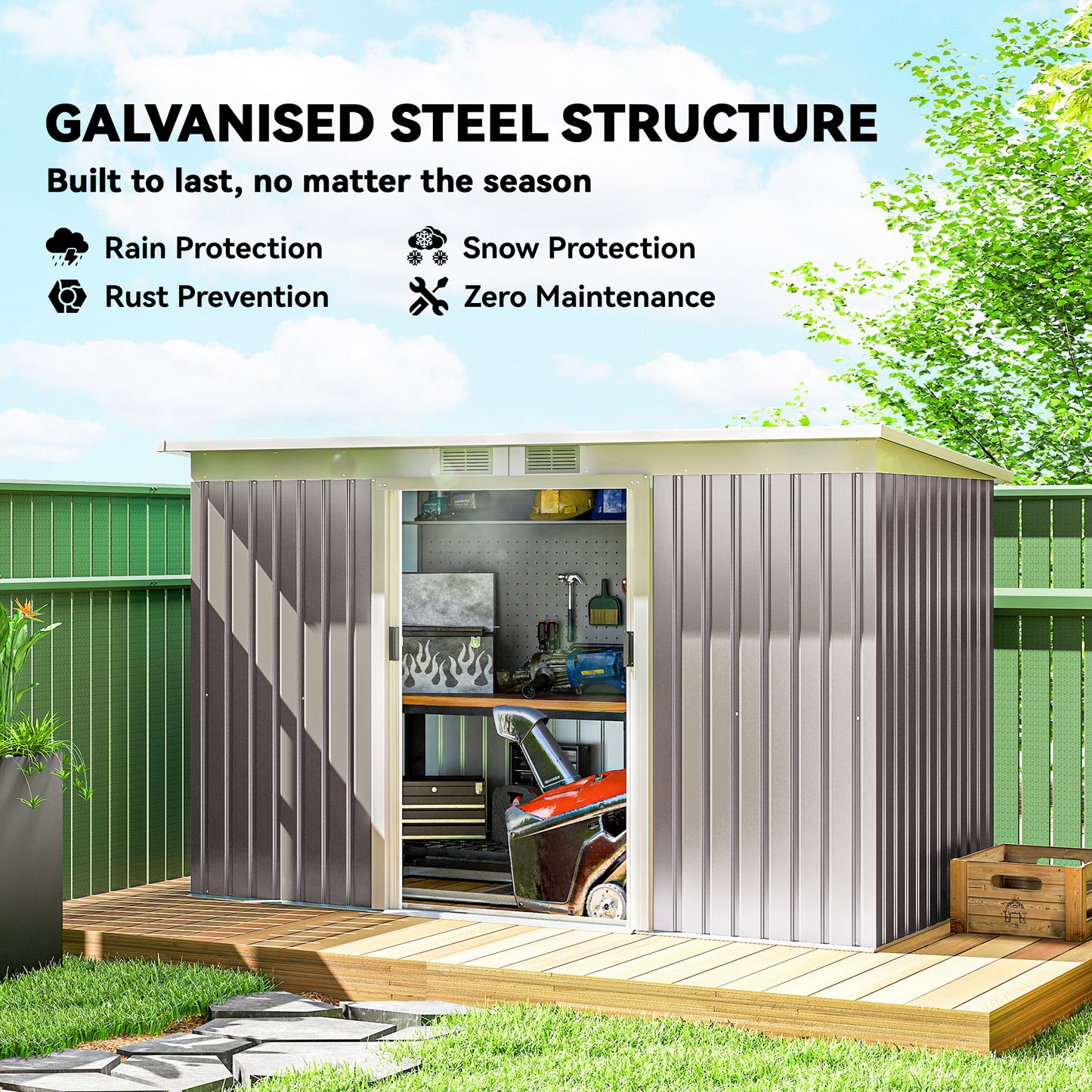 Corrugated Garden Metal Storage Shed Outdoor Equipment Tool Box With Kit Ventilation Doors 9x 4FT Light Grey