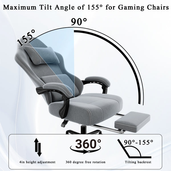 Ergonomic Gaming Chair, Video Game Chair With Massage Lumbar Support And Footrest, Height Adjustable Fabric Computer Chair With Pocket Spring Cushion, Gray