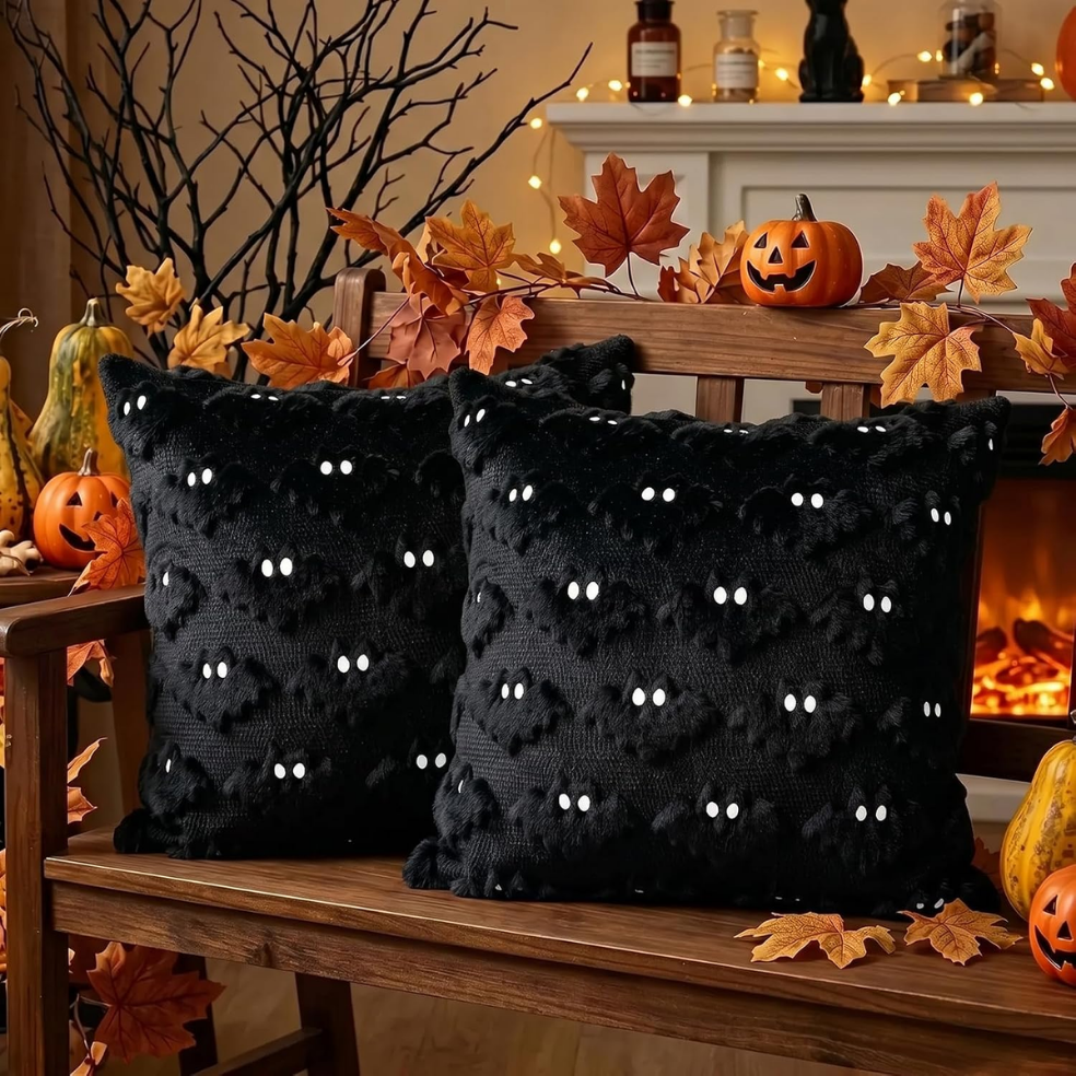 Halloween Bat Pillow Covers Set Of 2  Spooky Black Plush Cushion Covers For Home Decor