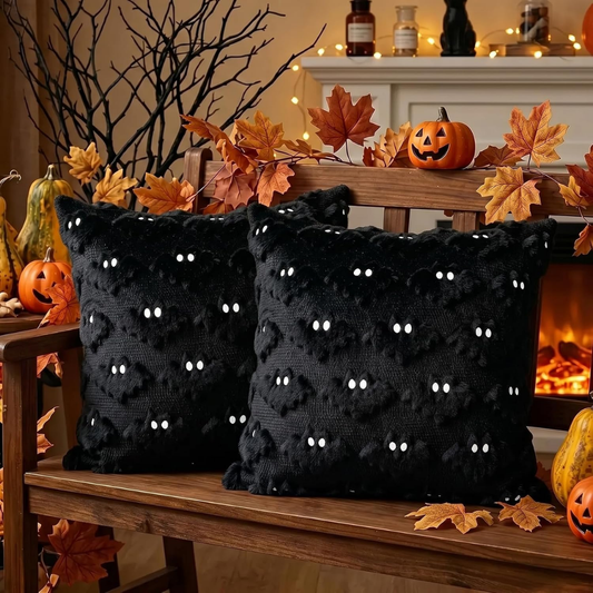 Halloween Bat Pillow Covers Set Of 2  Spooky Black Plush Cushion Covers For Home Decor