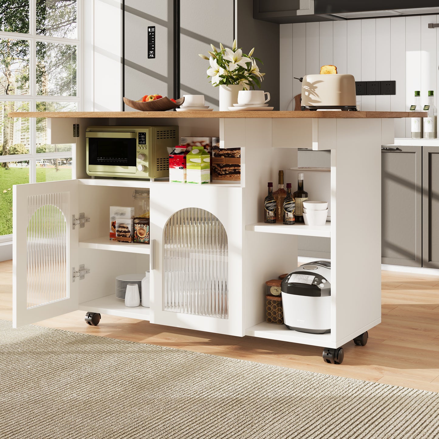Kitchen Island,Modern Kitchen Siland, Kitchen Cabinet, Removable Serving Trolley Buffet Cabinet, Dining Trolley With Wood Grain, Buffet Cabinet, Multifunctional Dining Table With Storage Space,White