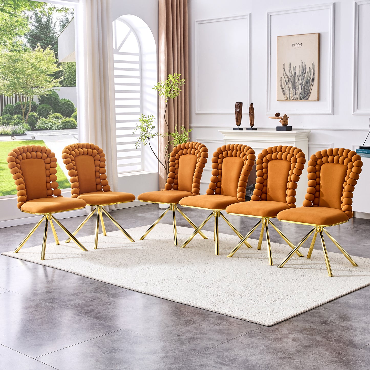 Set Of 2 Orange Puffy Bubble Chair Ball Chain Chair Velvet Dining Chairs With Gold Legs, Modern Upholstered Accent Chairs For Dining Room & Kitchen