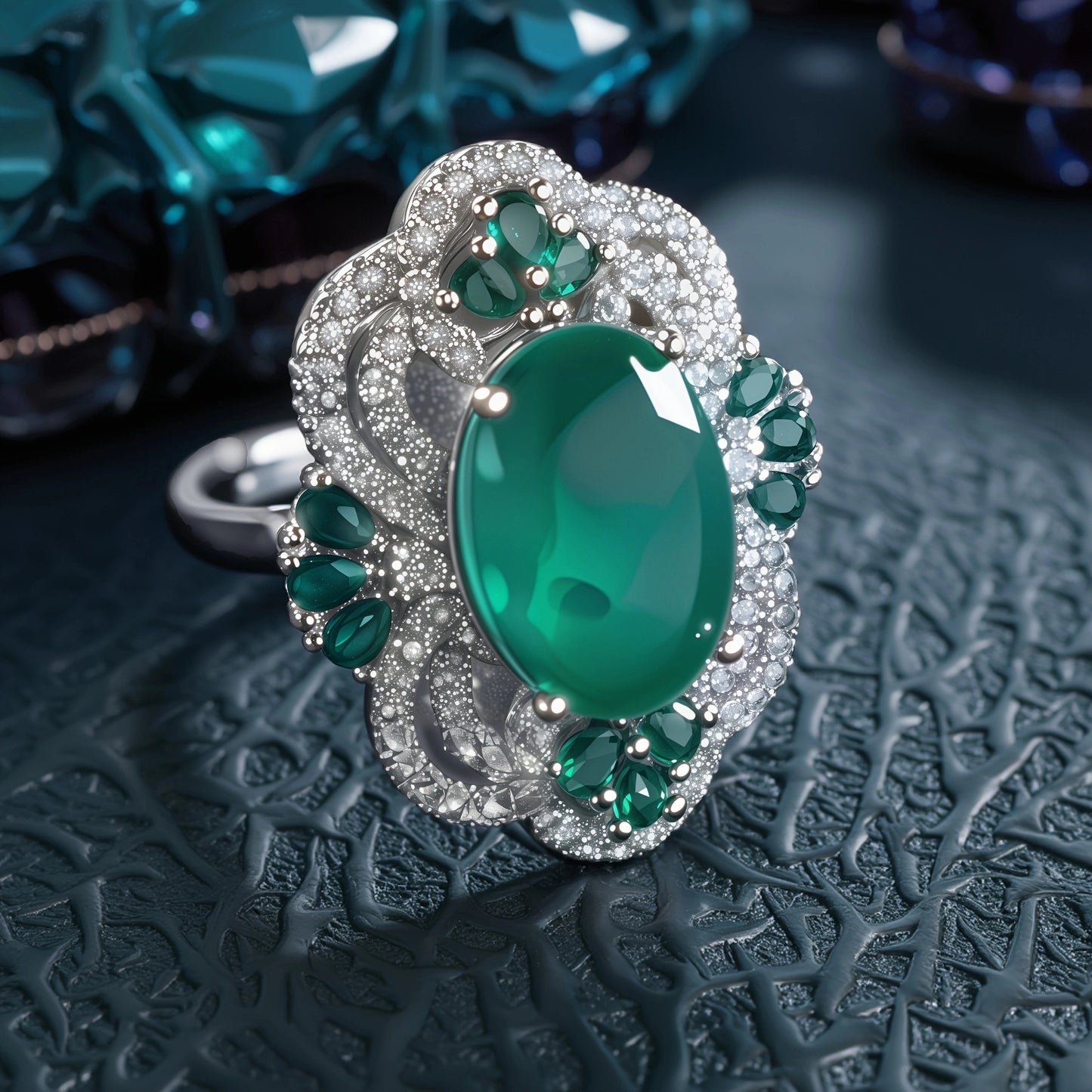 Oval Cabochon Green Gem Mixed Emerald & White Crystal Filigree Open Adjustable Cocktail Ring For Women, Copper Silver Plated Antique Hollow Floral Wedding Banquet Statement Jewelry Gift