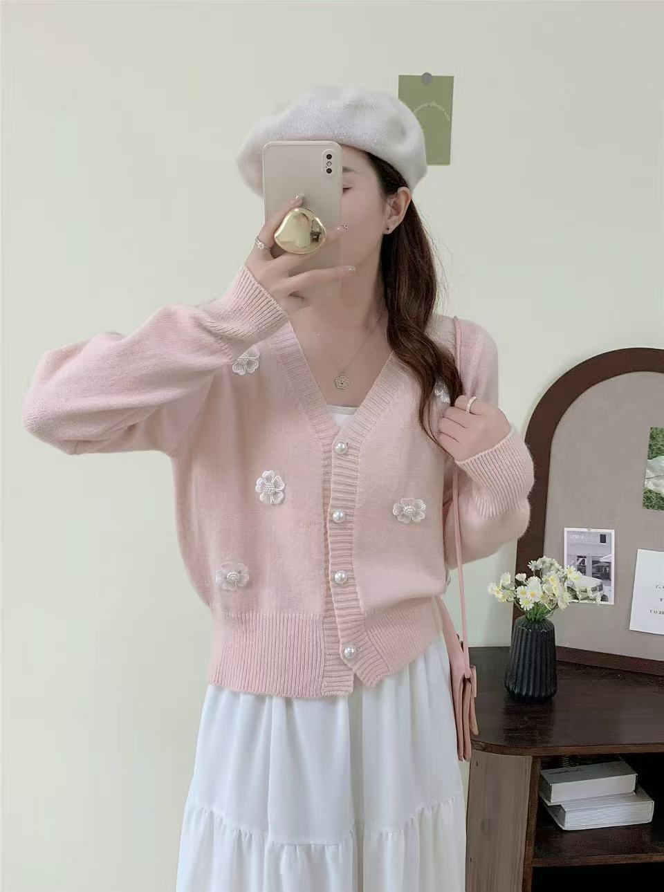 Korean-style 3D Floral Beaded Knit Cardigan For Women Autumn