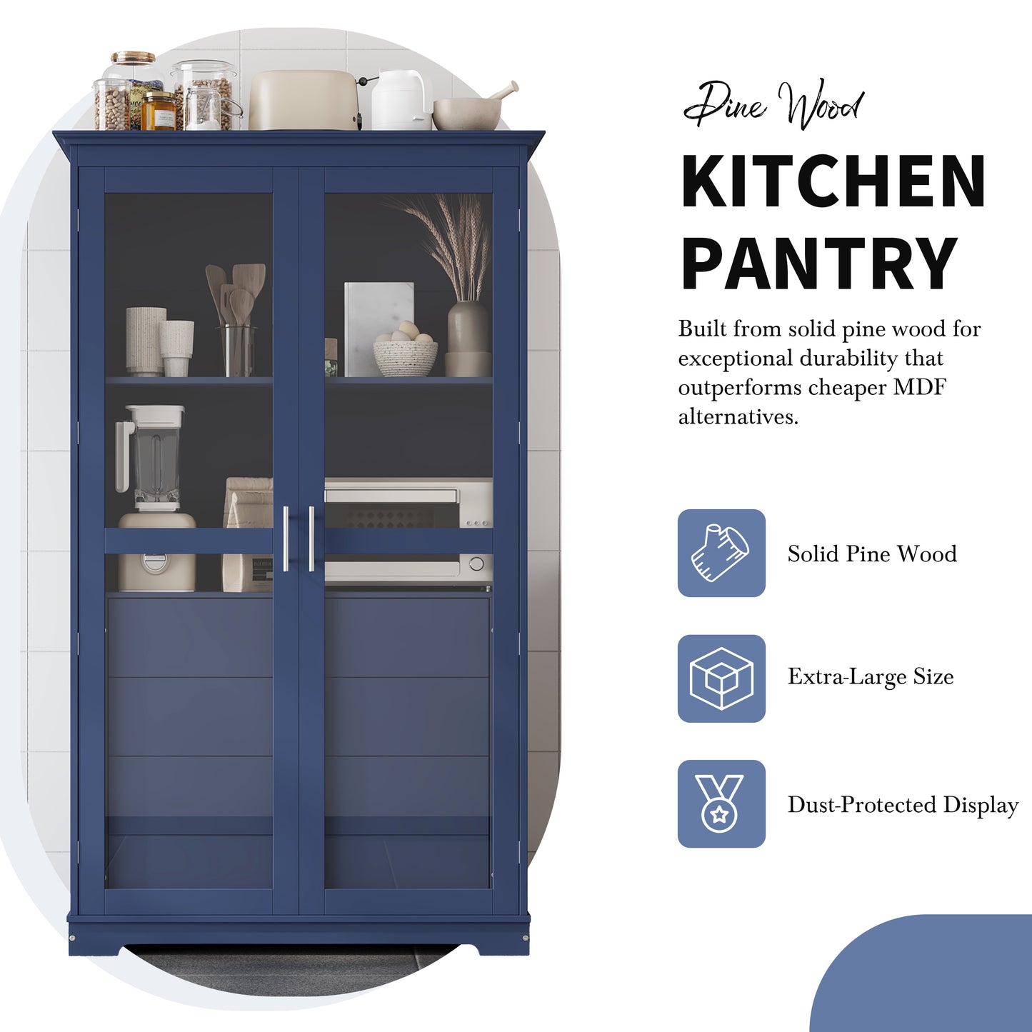 TOPMAx 44.7x20x75inch Kitchen Pantry  Freestanding Kitchen Storage Cabinet Display Cabinet With Glass Doors And 4 Built- In Drawers For Living Room  Home Office  Blue