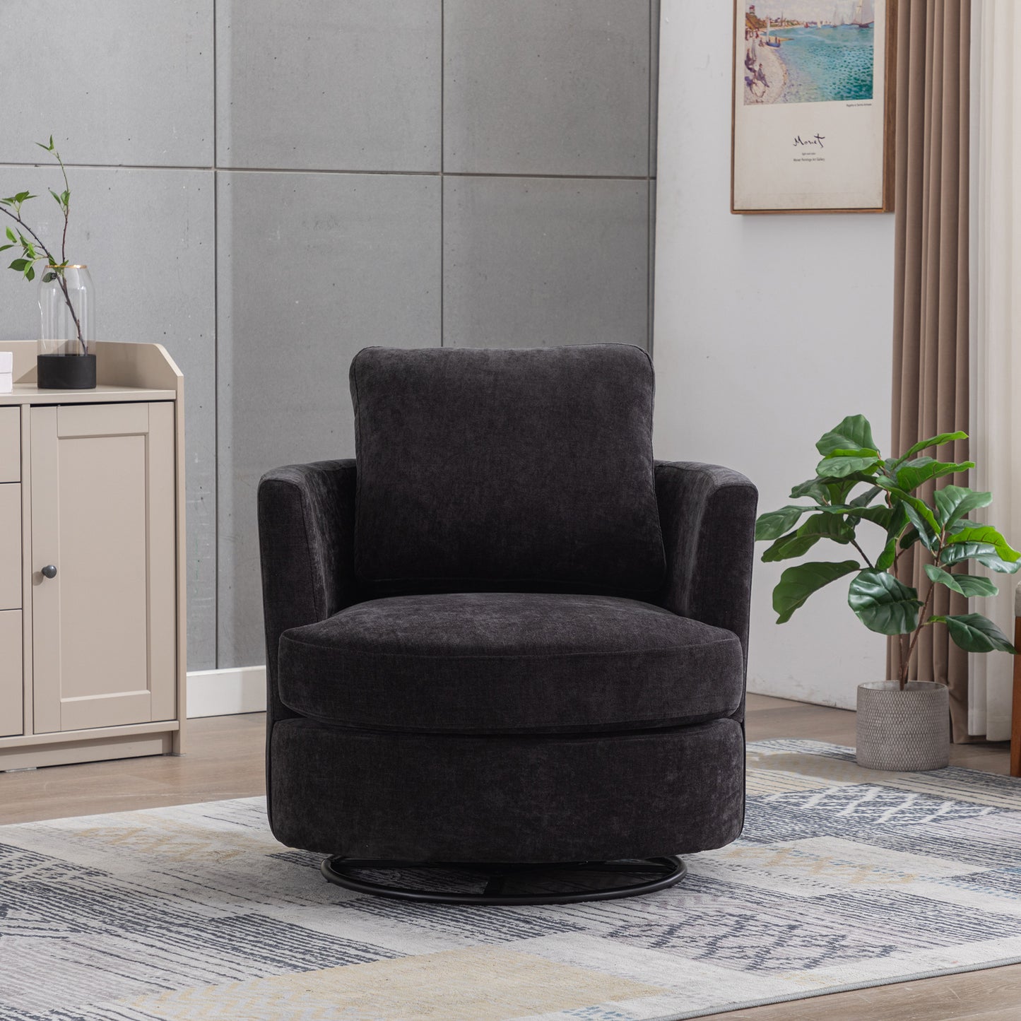 31.9 W Chenille Swivel Accent Barrel Chair And Comfy Round Accent Sofa Chair For Living Room, 360 Degree Club Chair, Leisure Arm Chair For Nursery Bedroom Living Room Lounge Hotel Office  Black