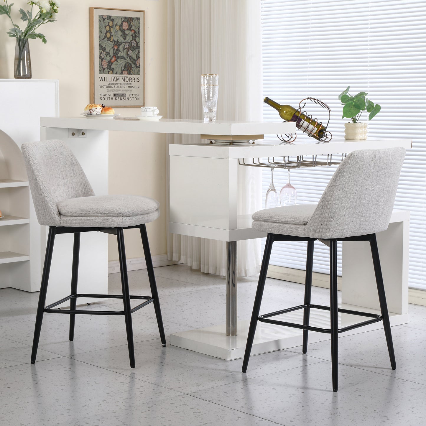 Counter Height Swivel Bar Stools Set Of 2, 360 Swivel Upholstered Barstools With Back And Metal Legs, 25.6 Seat Height,Counter Stools For Kitchen Island And Pub,Linen Cloth,Off White Linen.