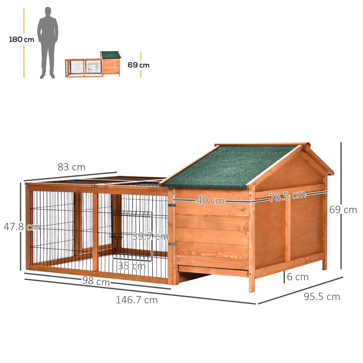 PawHut Wooden Rabbit Hutch Outdoor, Guinea Pig Hutch, Detachable Pet House Animal Cage With Openable Run & Roof Lockable Door Slide-out Tray 146 X 95 X 69cm