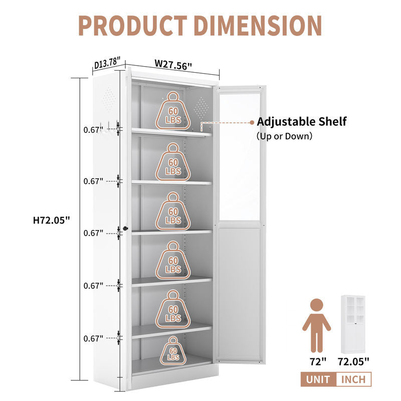 72in White Metal Pantry Cabinet W Doors & Shelves, Heavy-Duty Adjustable Storage Organizer, Tool-Free Freestanding For Living Room & Bathroom