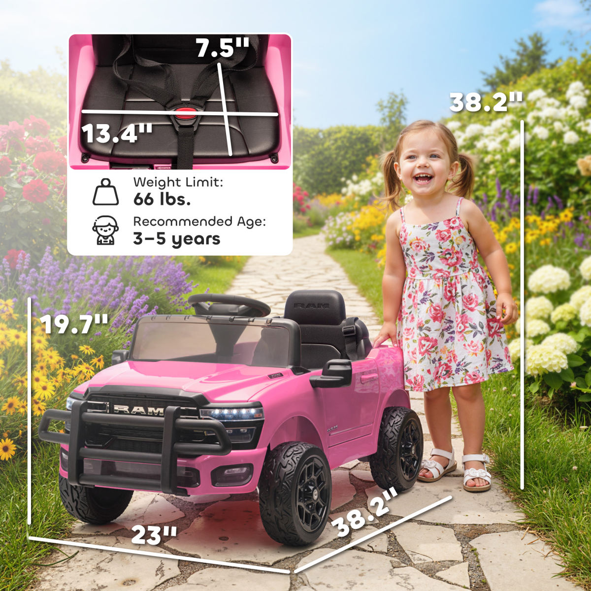 12V Kids Ride On Car, Licensed Dodge RAM 3500 Ride On Toys With Dual Motors, Remote Control For Toddlers, Pink