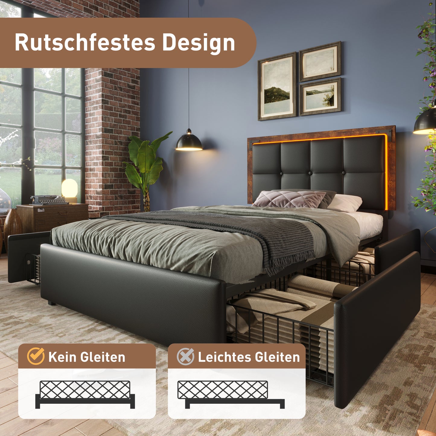 Bed Frame With LED Lighting Strip And 4 Drawers, Single Bed Upholstered Bed 90x200cm, Height-adjustable Headboard, Functional Bed, PU Black  Without Mattress