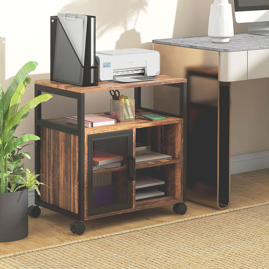 Printer Stand with Socket and USB Charging Ports, Industrial Mobile Printer Table with Storage and Wheels, Rustic Brown