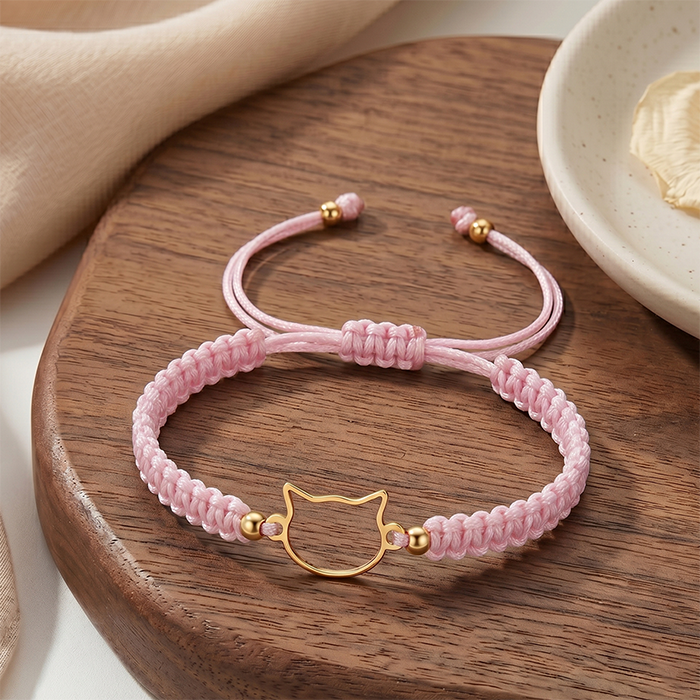 Minimalist Cat Outline Cord Bracelet - 18K Gold Plated Stainless Steel Waterproof String Bracelet - Cute Animal Jewelry Gift For Cat Lovers Men Wome