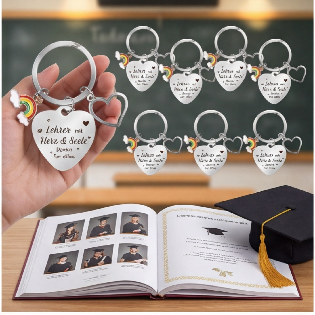 8-Piece Teacher Keychain Set With Cards And Pen For Graduation Gifts – Party Supplies Set