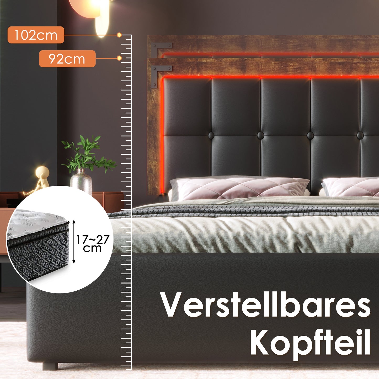Bed Frame With LED Lighting Strip And 4 Drawers, Double Bed Upholstered Bed 160x200cm, Height-adjustable Headboard, Functional Bed, PU Black  Without Mattress