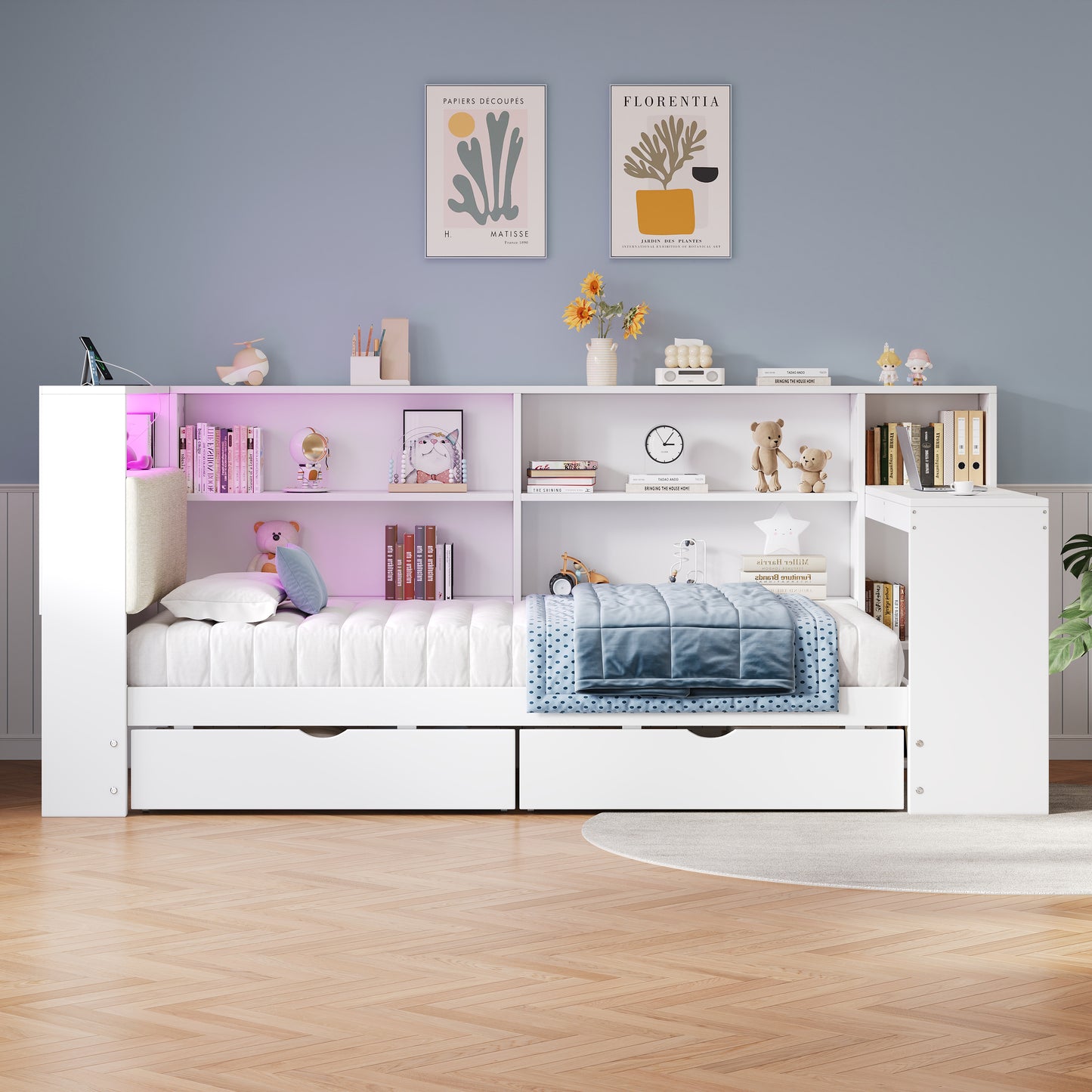 3ft Single L-Shape Daybed With Storage Drawers And Bookcase Storage, LED Linen Concealed Headboard Storage With Charging Station, Wood Bed For Living Room Bedroom Study Room, White  No Mattress