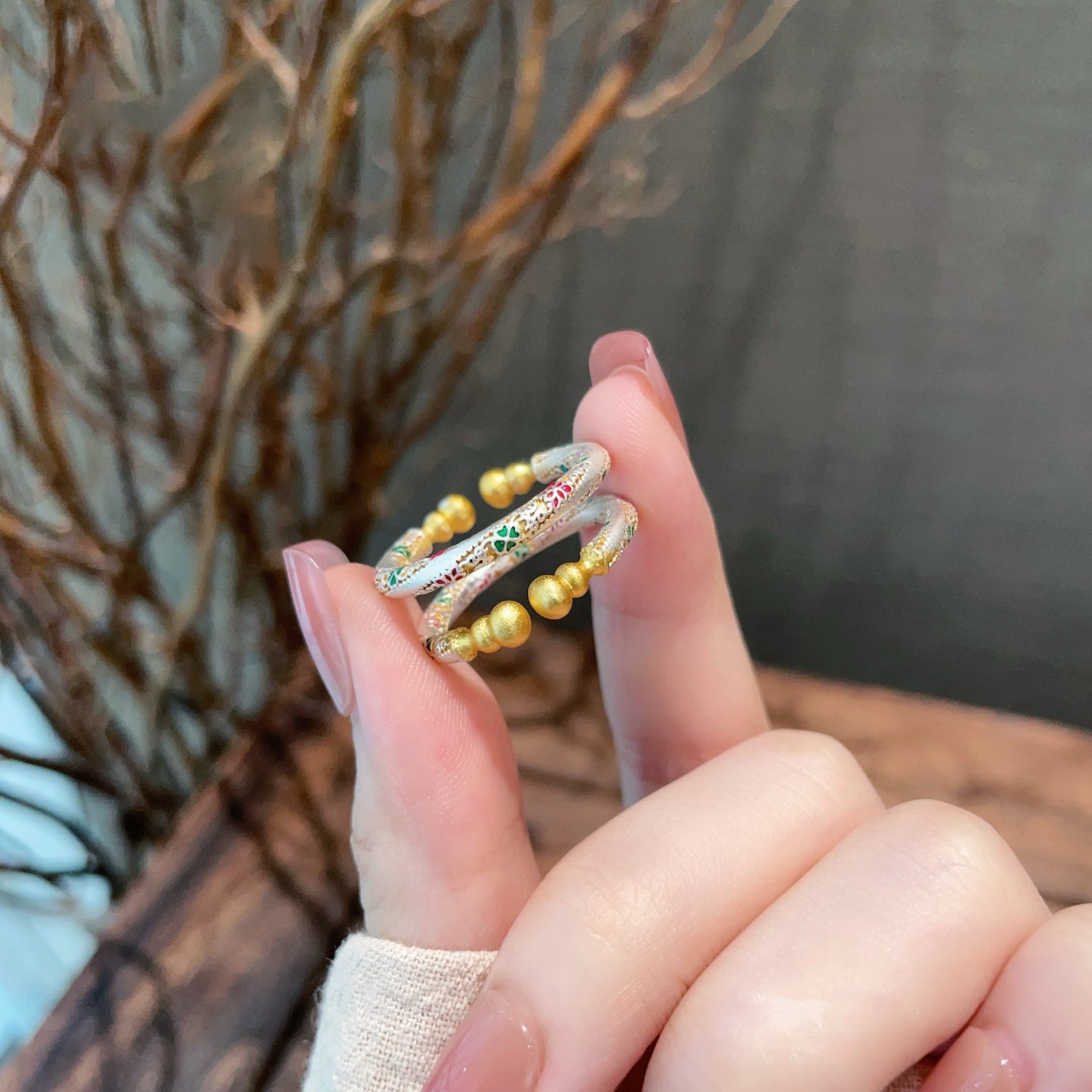 1pcs 999.9 Sterling Silver Gold-Plated Enamel Lucky Charm Ring, Minimalist Elegant Style, Ideal For Birthdays & Holiday Gifts