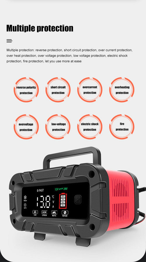12v-20A 24v-10A Smart Battery Charger Lifepo4 Lead-Acid Agm-Gel Trickle Charger Battery Maintainer For AGM Lithium Motorcycle Boat Caravan Batteries 19x12.5x9.5cm Red