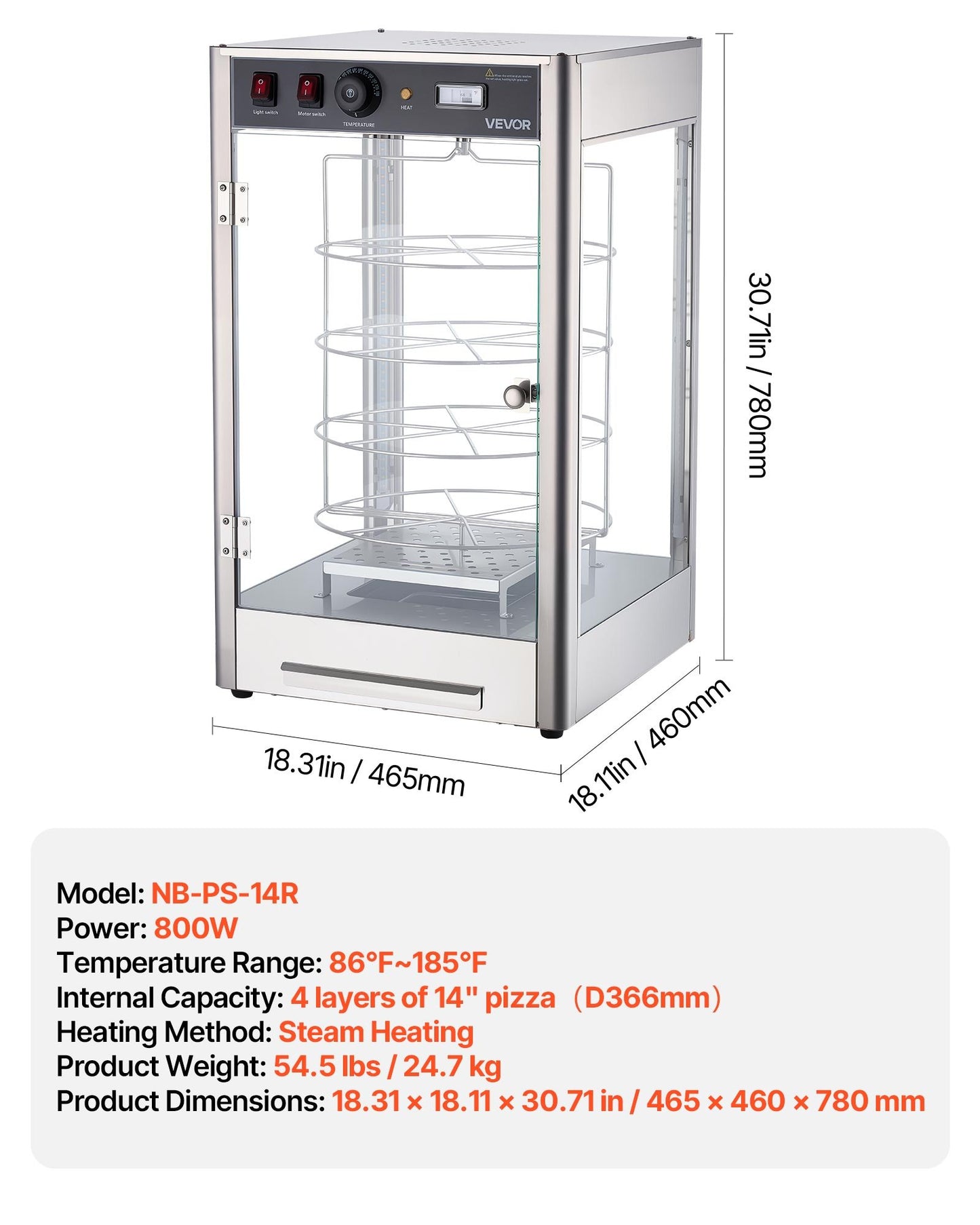 Commercial Food Warmer Display, 4-Tier Pizza Warmer With Rotary Steam Heating For 14 In Pizza, 86 F-185 F Temperature Control And Temp Display, 25W Oven Light  Top LED For Pizza Shop, Restaurant
