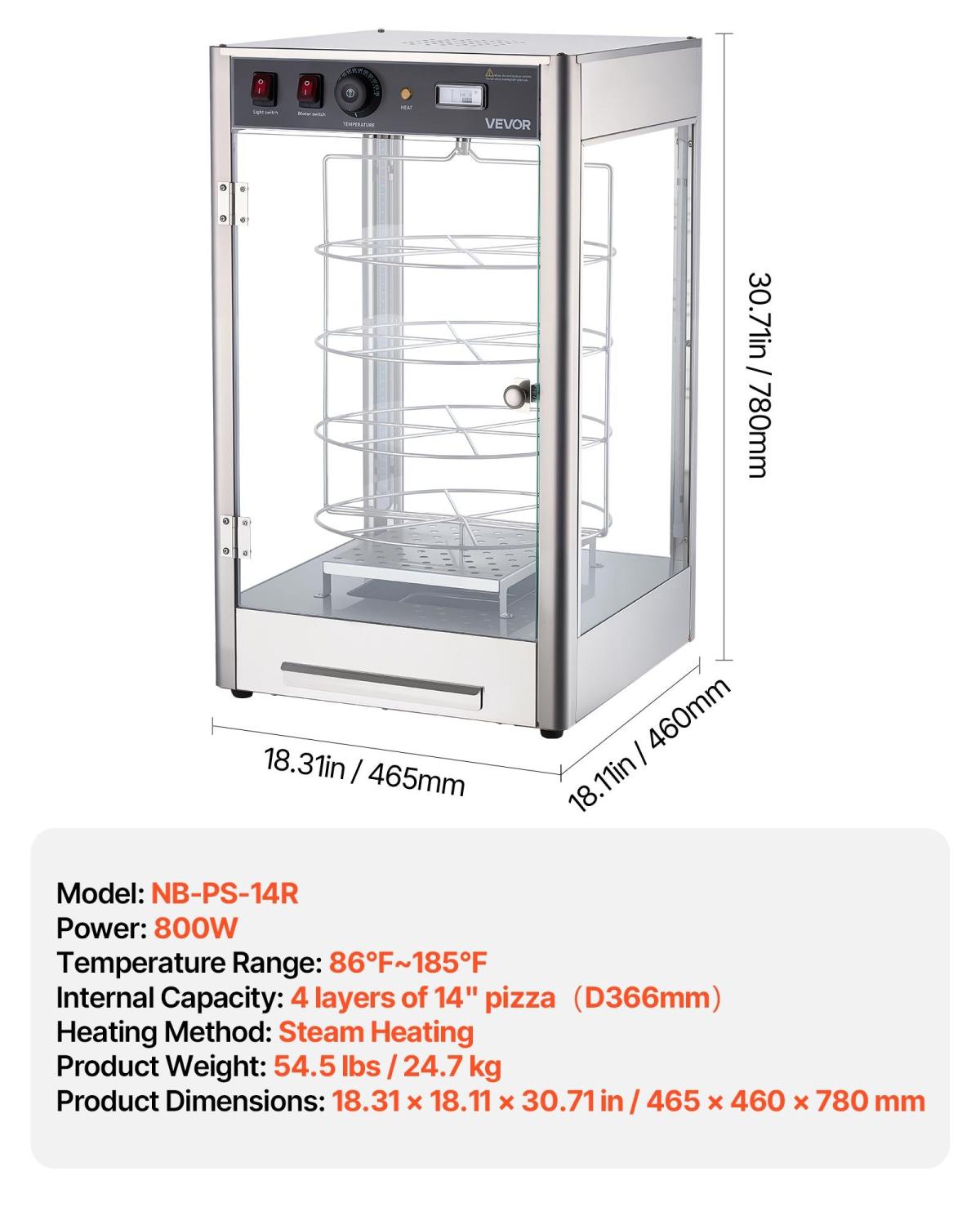 Commercial Food Warmer Display, 4-Tier Pizza Warmer With Rotary Steam Heating For 14 In Pizza, 86 F-185 F Temperature Control And Temp Display, 25W Oven Light  Top LED For Pizza Shop, Restaurant