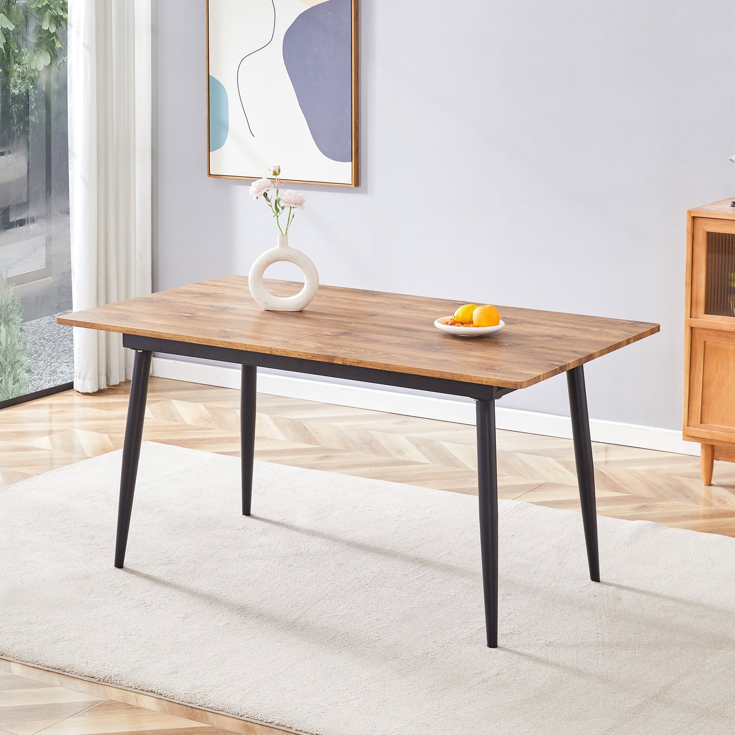 Rectangular Dining Table 190.5cm-150cm, Wood Effect Surface, Metal Legs, Kitchen Table For 6-8 People, Modern Industrial Style