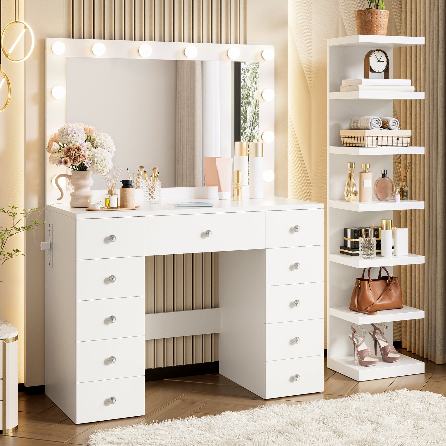 Vanity Desk With 11 Hollywood Bulbs & 7-Tier Storage Shelves , Makeup Vanity Desk With Power Outlet And 11 Drawers, 3 Color Lighting Modes, Dressing Table With Display Shelf Crystal Handles,White