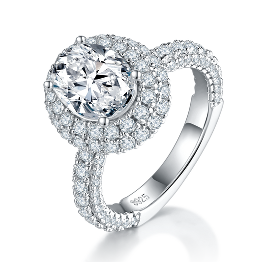 S925 Sterling Silver 2ct Oval Moissanite Ring, 7x9mm D-VVS1 Double Halo, Platinum Plated 5.3g US Sizes 5-9, GRA Certificate Gift Box