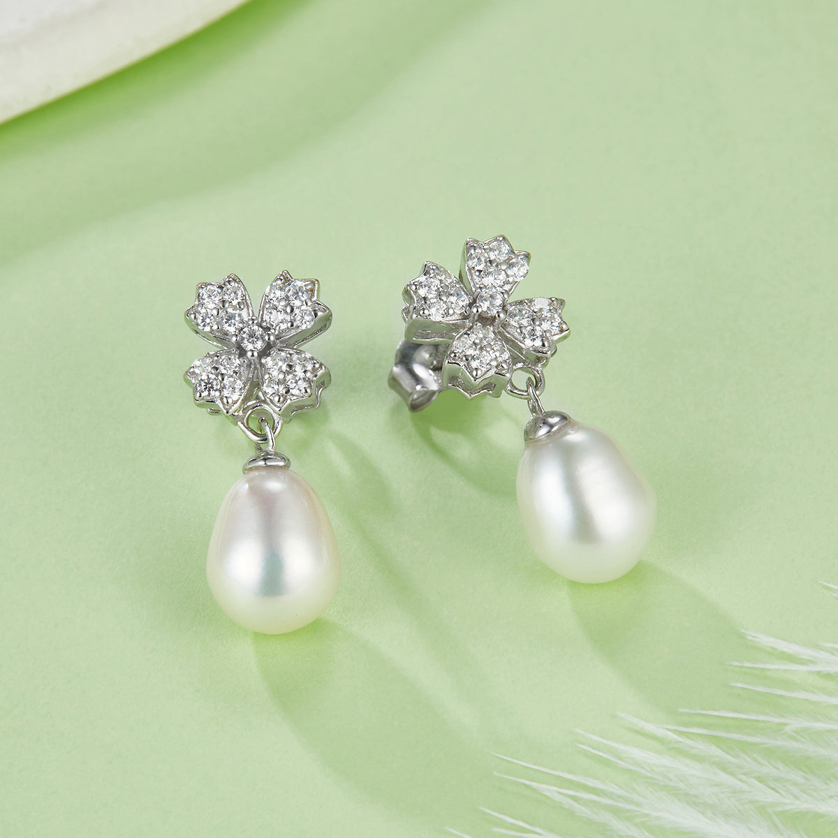 S925 Sterling Silver Natural Freshwater Pearl Dangle Earrings, Clover Pave, Round Teardrop Pearl, Platinum Plated, 2g, Gift Box