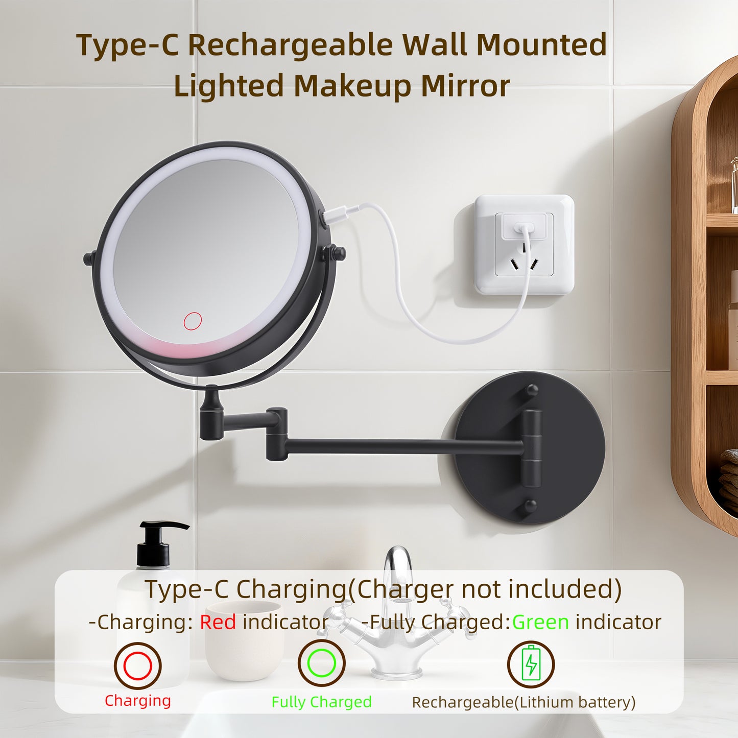 Rechargeable Wall Mounted Makeup Mirror 8  Magnifying Mirror With Lights Double-Sided 1X 10  360 Rotation Extension Bathroom Shaving Mirror With Foldable Arm