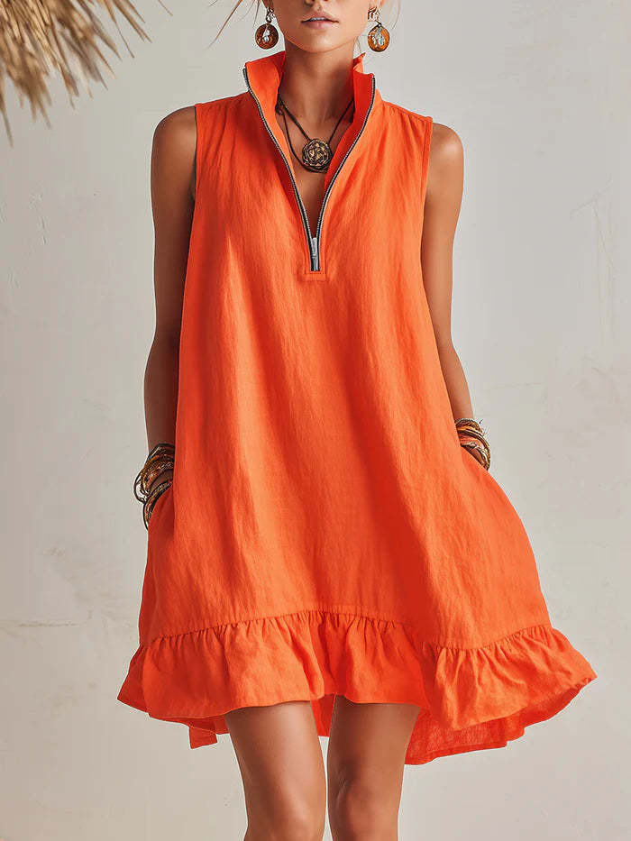 Womens New Fashion Casual Loose Sleeveless Dress HalfZip With Ruffled Hem
