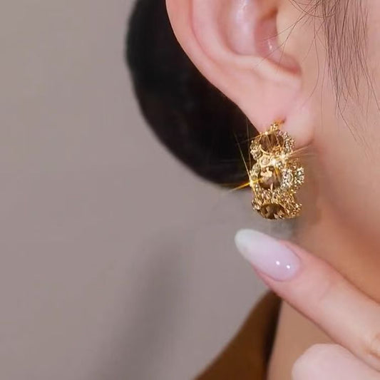 Fashion Maillard Retro Hong Kong Style Diamond Inlaid Snap Hoop Earrings, All Season Light Luxury New Autumn Winter Ear Jewelry For Women