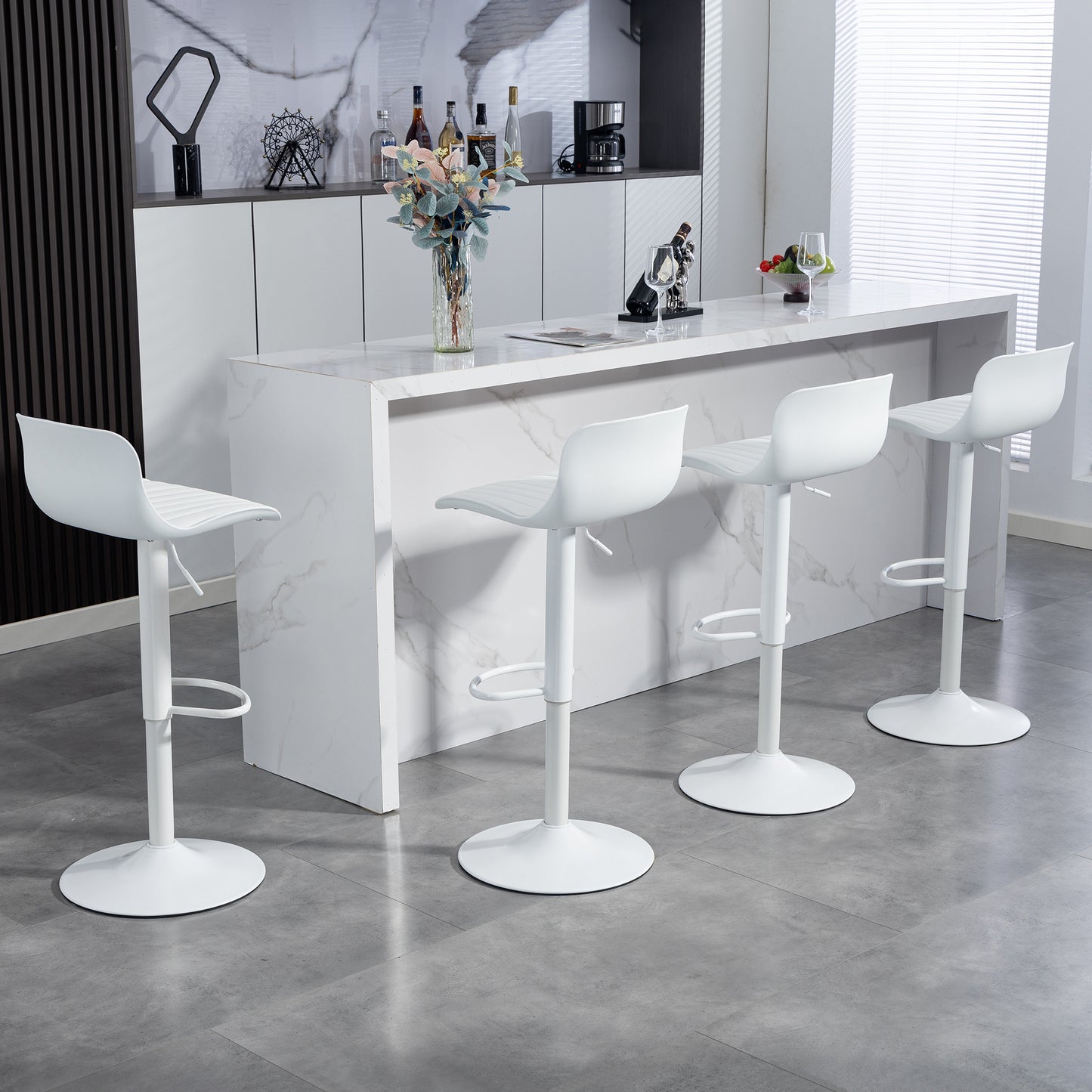 Modern Adjustable Swivel Bar Stools Set Of 2, Plastic Backrest & Faux Leather Seat, Gas Pressure Lift Height, Metal Base With Footrest, Kitchen Counter Bar Stool
