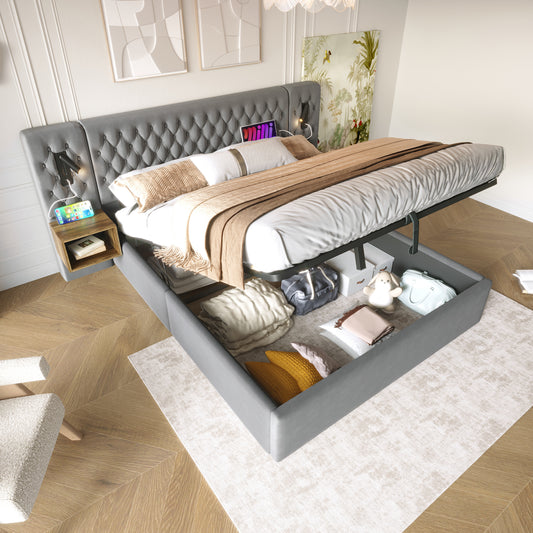AB30260234G Bedding Bedroom Complete Set,Upholstered Bed Hydraulic Storage Bed Double Bed 160x200 Cm With 2 Bedside Tables, Headboard Reading Light With USB Charging Function, Grey, Velvet