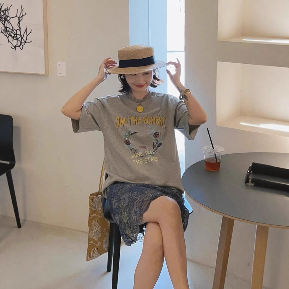 Womens Korean-style Crew-neck Short-sleeve Top