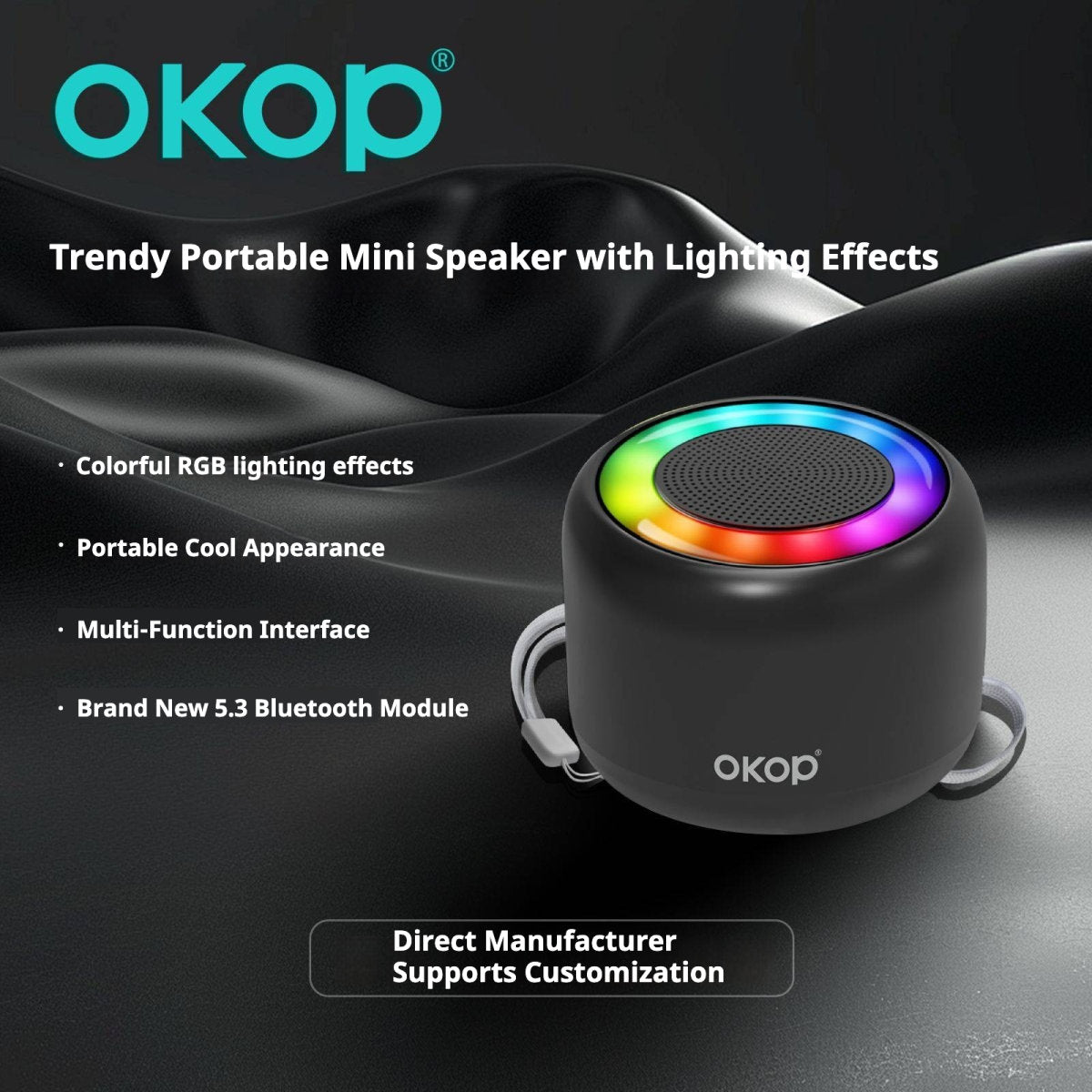 KP-826 Portable Mini Bluetooth Speaker Compact Outdoor Ready With Lanyard Ambient Light And Card Slot Factory Direct