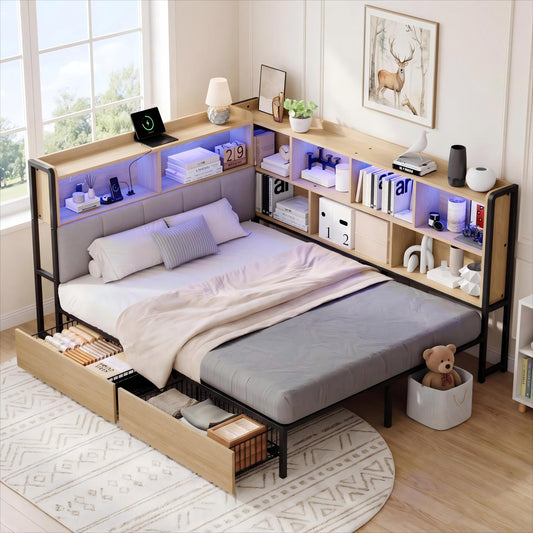 Upholstered Bed Daybed Sofa Bed 140x200 With LED Lighting, USB&Typec Charging Station, Daybed, Youth Bed With 2 Drawers And Metal Slatted Base, Headboard With Storage, Natural Colour