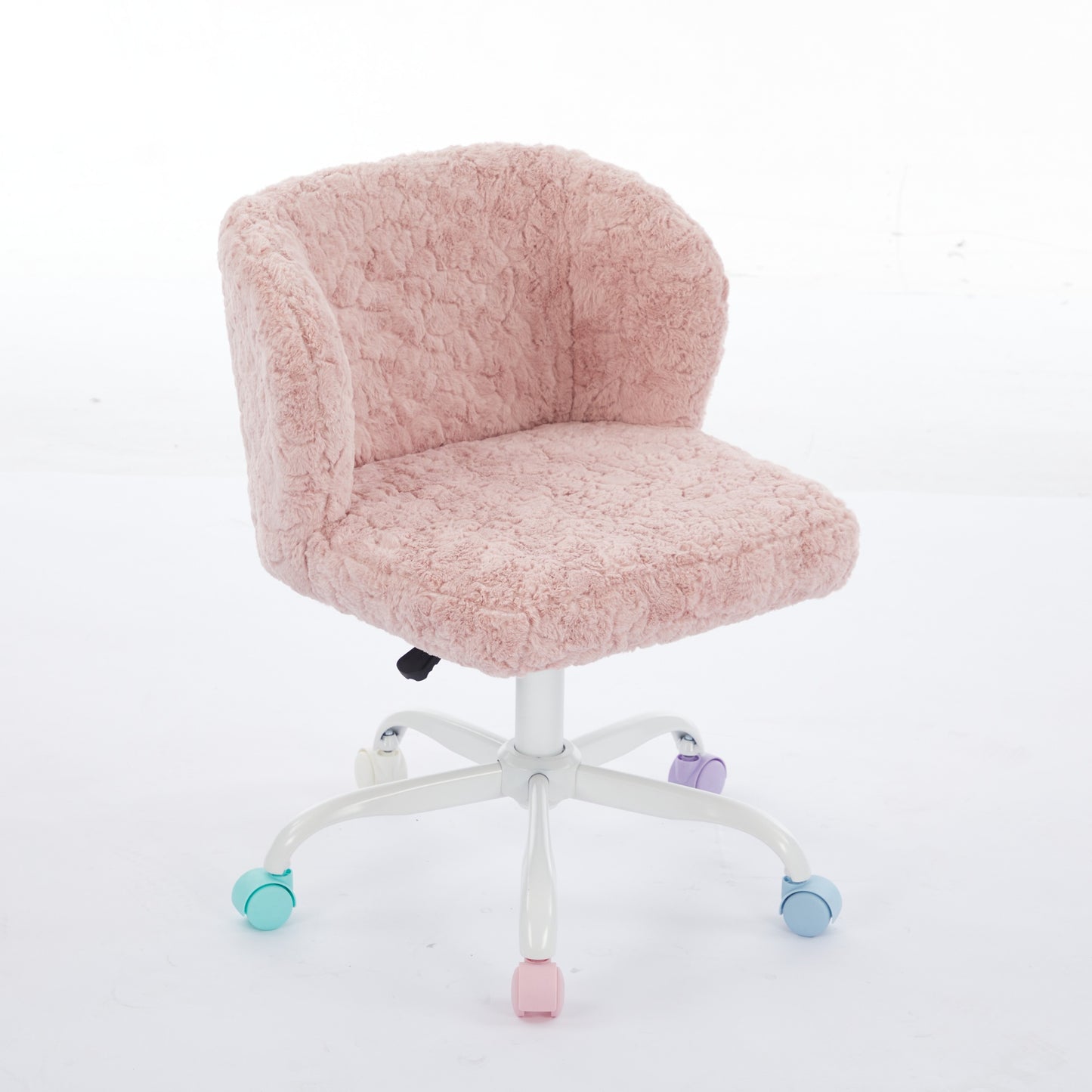 Girls Faux Rabbit Fur Desk Chair, Cute Fluffy Adjustable Swivel Vanity Chair With Silent Colorful Wheels, Soft Upholstered Office Chair For Bedroom, Study Room And Dorm, Pink