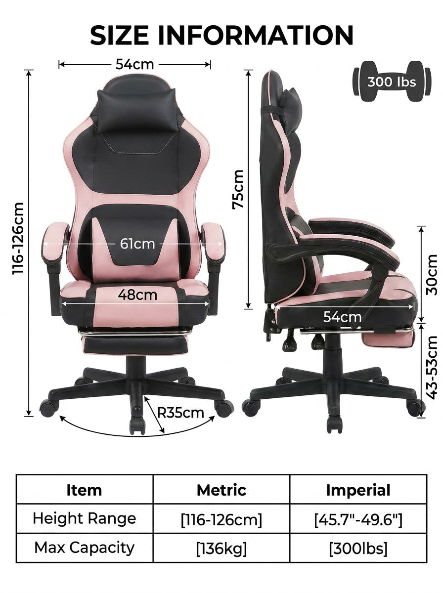 Kawaii Style Ergonomic Gaming Chair  Pink & Black With Extendable Footrest & Lumbar Double Cushion   Versatile For Home Office And Recovery Breaks.