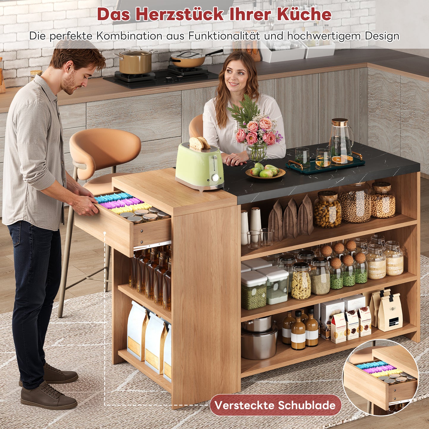 Kitchen Island Bar Counter Bar Table Dining Table, 5 Levels Of Storage Space & Hidden Drawer, Thickened Table Top, Oak & Black In Marble Look, 140x60x90 Cm